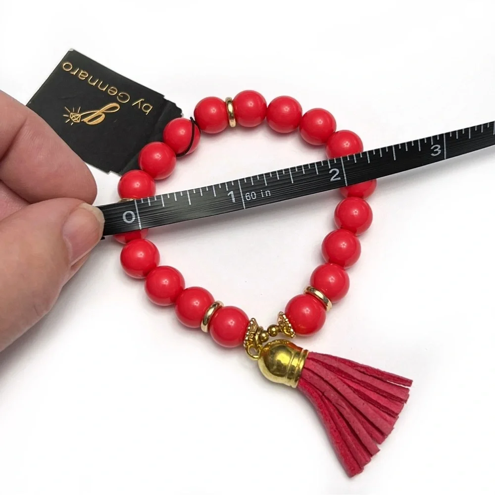Gennaro Beaded Stretch Bracelet with Tassel Coral Red